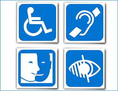 Symboler för olika funktionsnedsättningar, syn, hörsel, rullstol och psykiska störningar