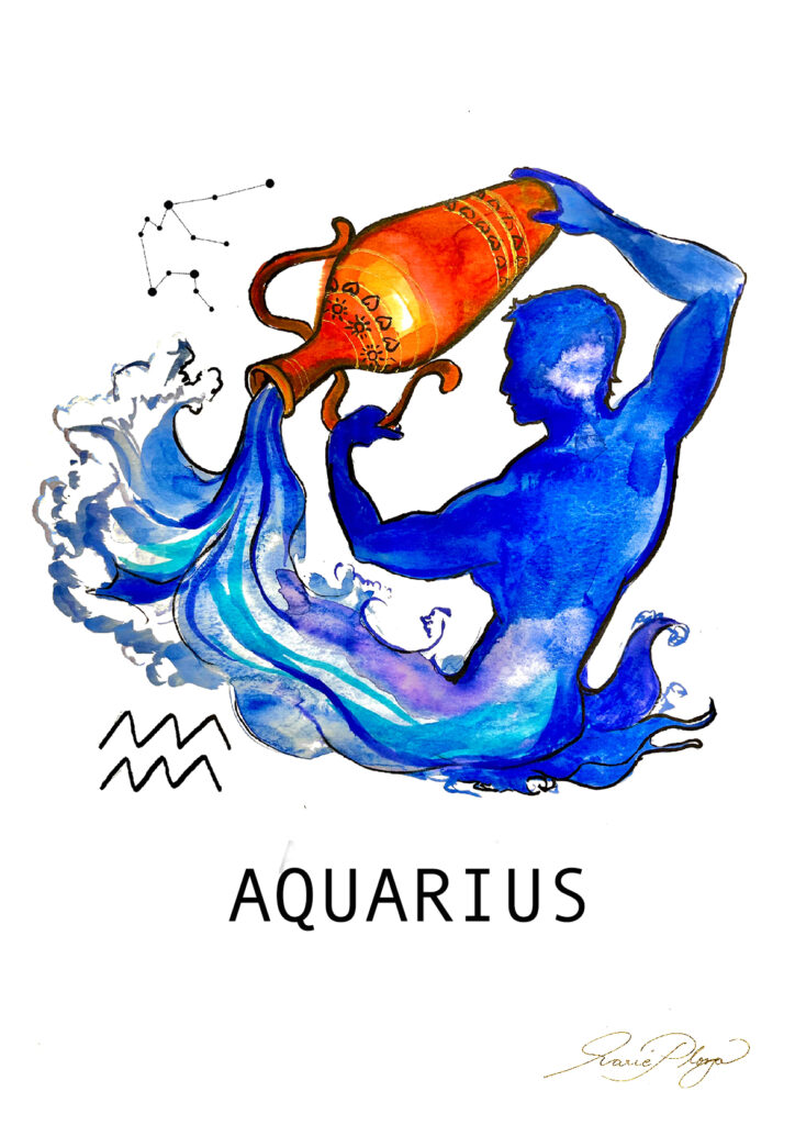 Vattumannen, stjärntecknet som horoskop och bild på man och skål med vatten