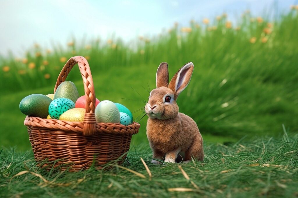 Liten kanin sitter på gräs vid en korg full med målade påskägg